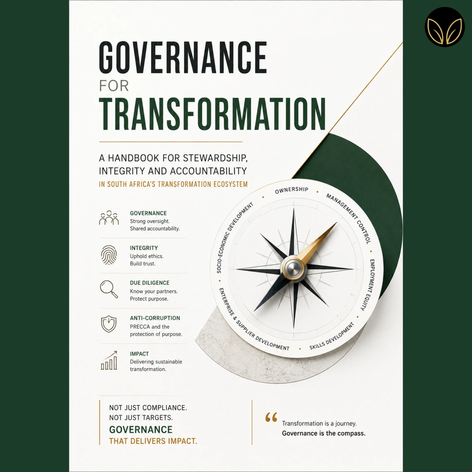 Cover: Governance for Transformation - A Handbook for Stewardship, Integrity and Accountability in South Africa's Transformation Ecosystem.