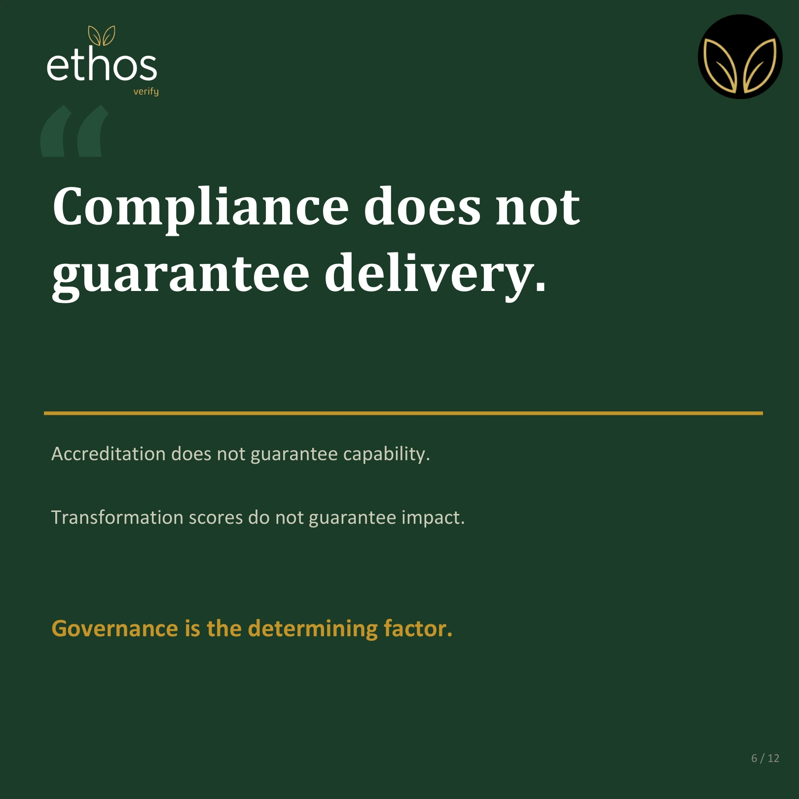 Compliance does not guarantee delivery. Accreditation does not guarantee capability. Transformation scores do not guarantee impact.