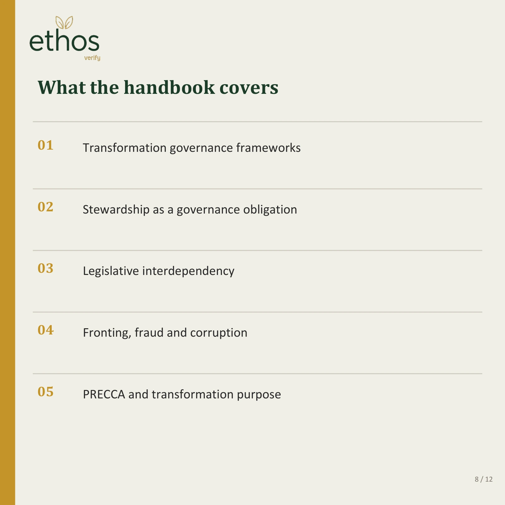 What the handbook covers, items one to five.