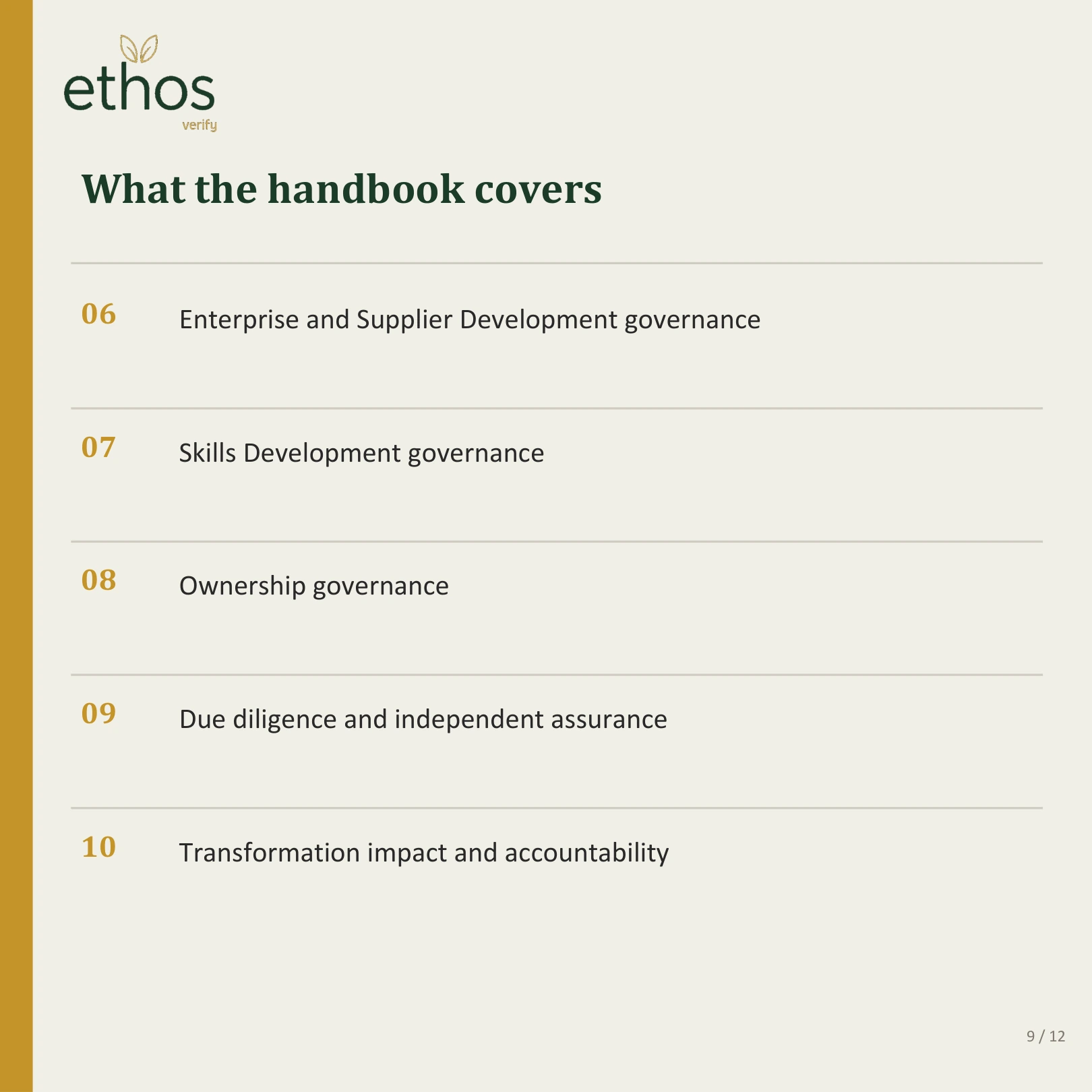 What the handbook covers, items six to ten.